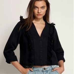 One Teaspoon Fox Black Captain Ruffle Denim Shirt XS New NWT